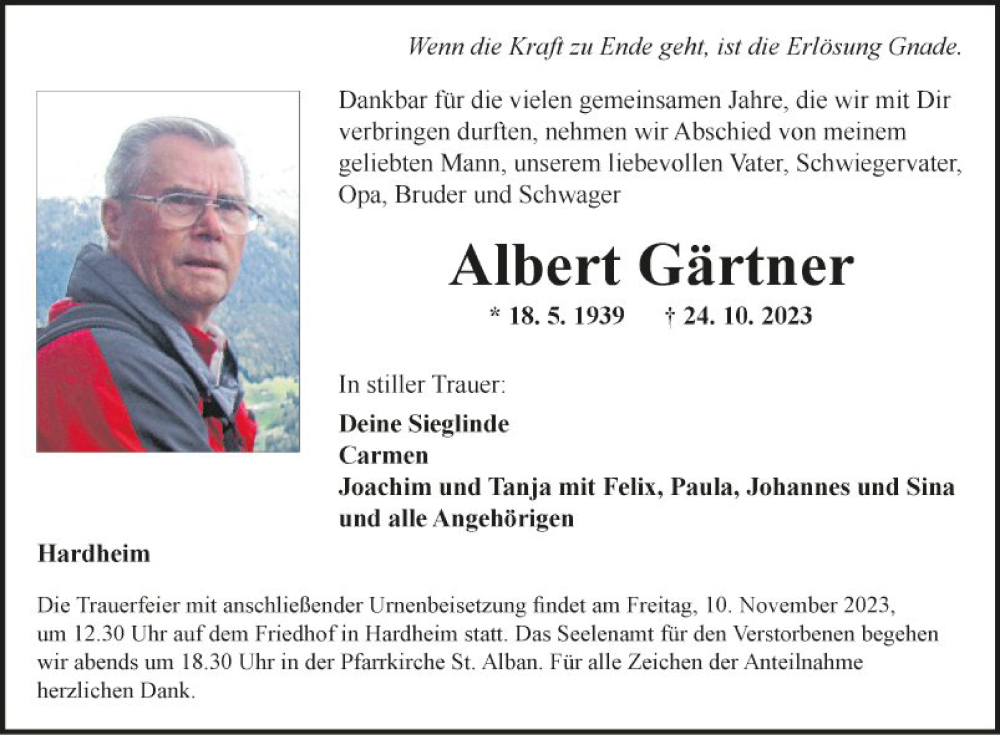  Traueranzeige für Albert Gärtner vom 03.11.2023 aus Fränkische Nachrichten