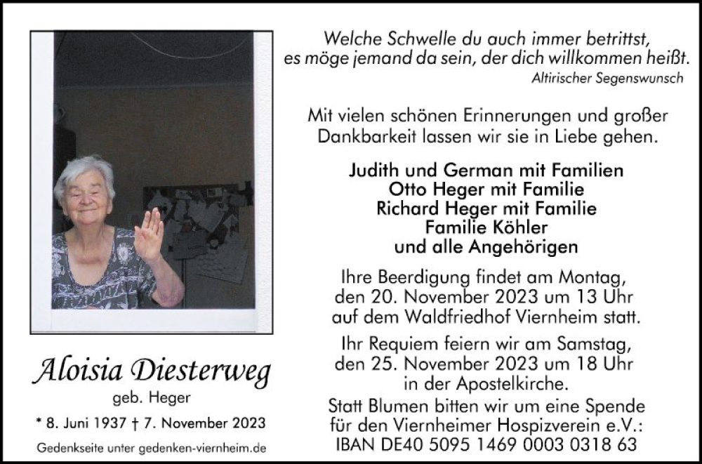  Traueranzeige für Aloisia Diesterweg vom 11.11.2023 aus Mannheimer Morgen