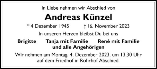 Traueranzeige von Andreas Künzel von Mannheimer Morgen