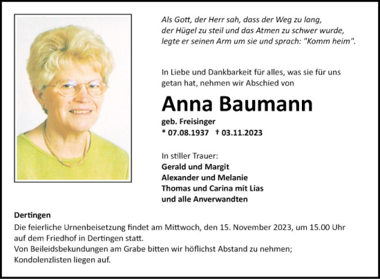 Traueranzeige von Anna Baumann von Fränkische Nachrichten