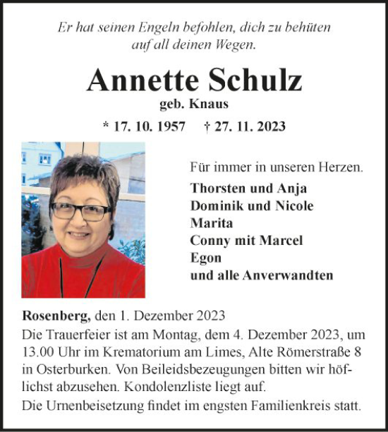 Traueranzeige von Annette Schulz von Fränkische Nachrichten
