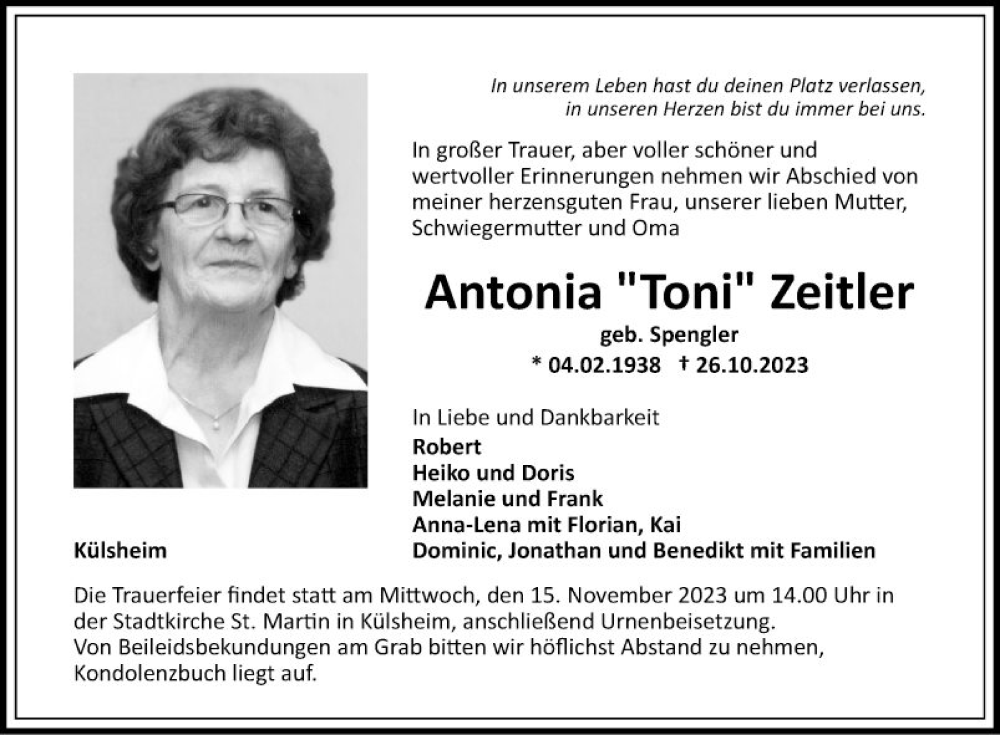 Traueranzeige für Antonia  Zeitler vom 11.11.2023 aus Fränkische Nachrichten
