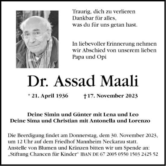 Traueranzeige von Assad Maali von Mannheimer Morgen