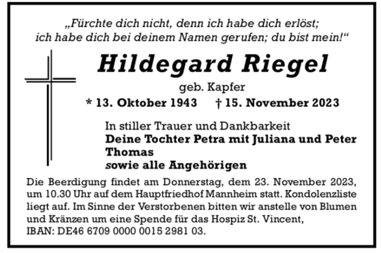 Traueranzeige von Hildegard Riegel von Mannheimer Morgen