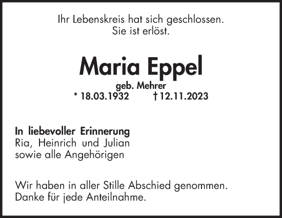 Traueranzeige von Maria Eppel von Schwetzinger Zeitung