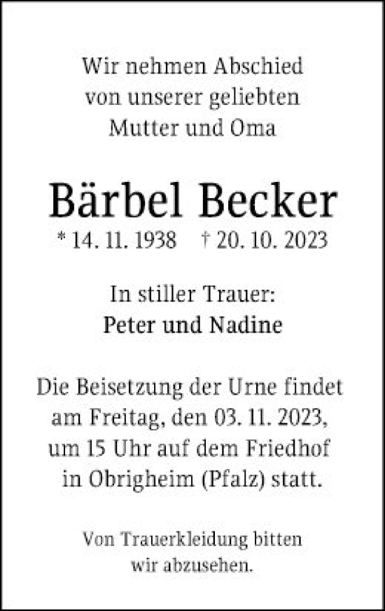 Traueranzeige von Bärbel Becker von Mannheimer Morgen