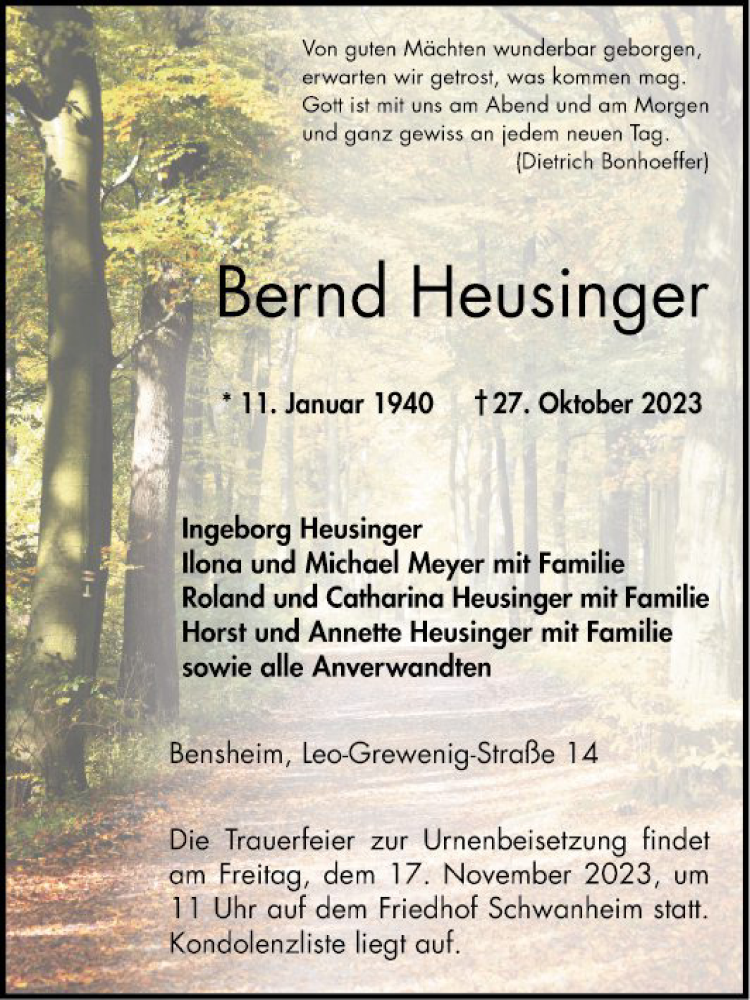  Traueranzeige für Bernd Heusinger vom 11.11.2023 aus Bergsträßer Anzeiger
