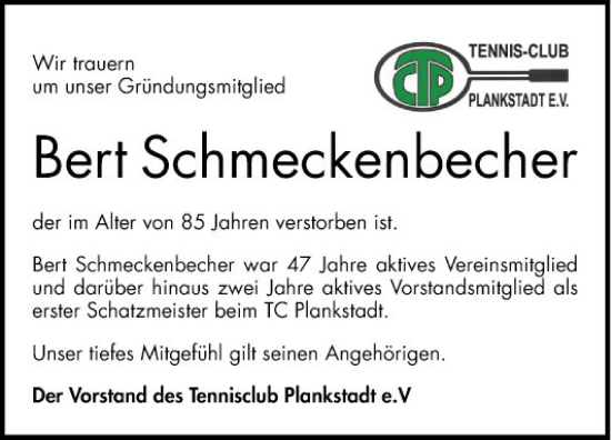 Traueranzeige von Bert Schmeckenbecher von Schwetzinger Zeitung