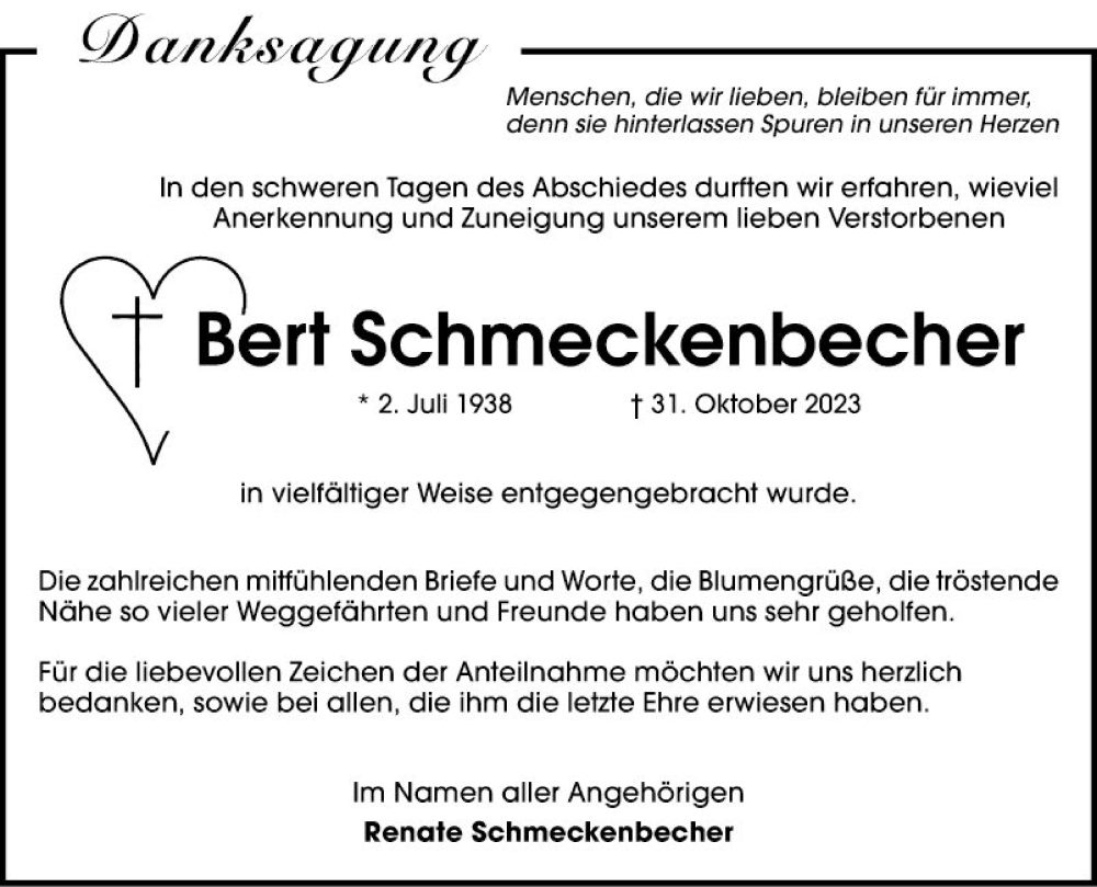  Traueranzeige für Bert Schmeckenbecher vom 25.11.2023 aus Schwetzinger Zeitung