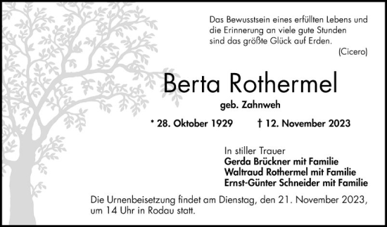 Traueranzeige von Berta Rothermel von Bergsträßer Anzeiger