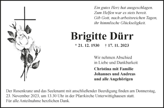Traueranzeige von Brigitte Dürr von Fränkische Nachrichten