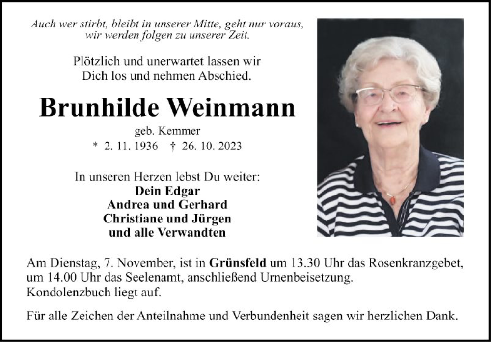  Traueranzeige für Brunhilde Weinmann vom 04.11.2023 aus Fränkische Nachrichten