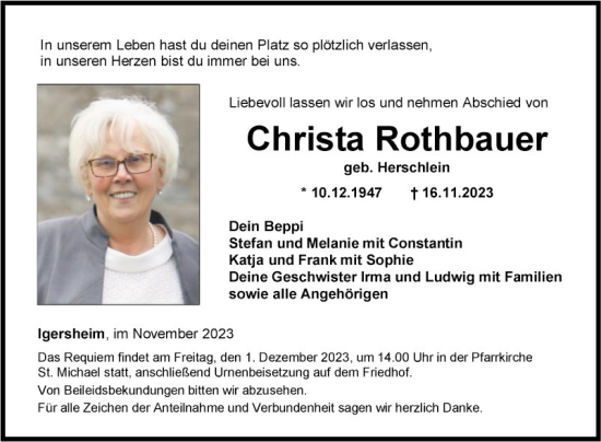 Traueranzeige von Christa Rothbauer von Fränkische Nachrichten