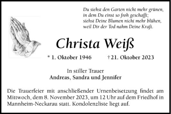 Traueranzeige von Christa Weiß von Mannheimer Morgen