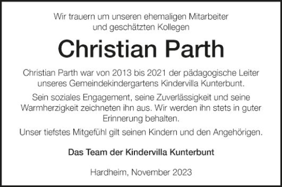 Traueranzeige von Christian Parth von Fränkische Nachrichten