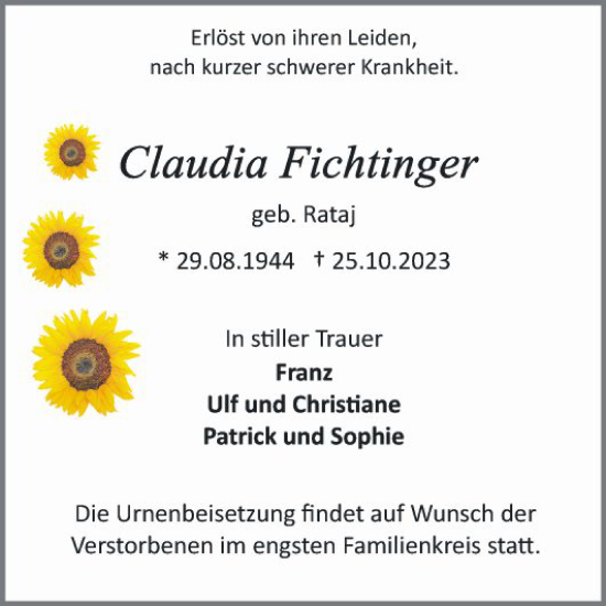 Traueranzeige von Claudia Fichtinger von Schwetzinger Zeitung