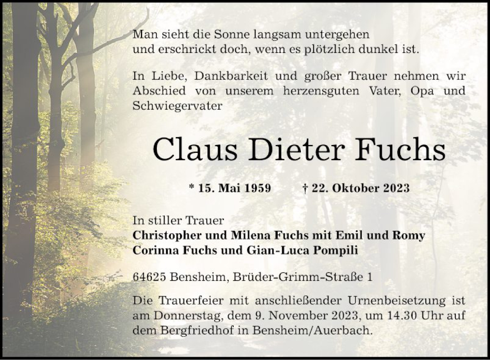  Traueranzeige für Claus Dieter Fuchs vom 04.11.2023 aus Bergsträßer Anzeiger