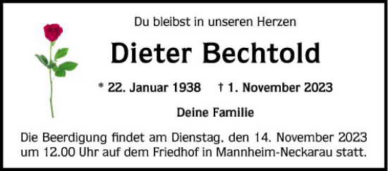 Traueranzeige von Dieter Bechtold von Mannheimer Morgen