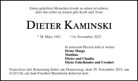 Traueranzeige von Dieter Kaminski von Mannheimer Morgen
