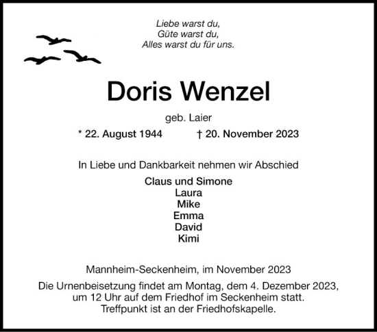 Traueranzeige von Doris Wenzel von Mannheimer Morgen