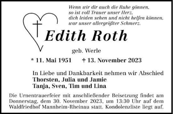 Traueranzeige von Edith Roth von Mannheimer Morgen