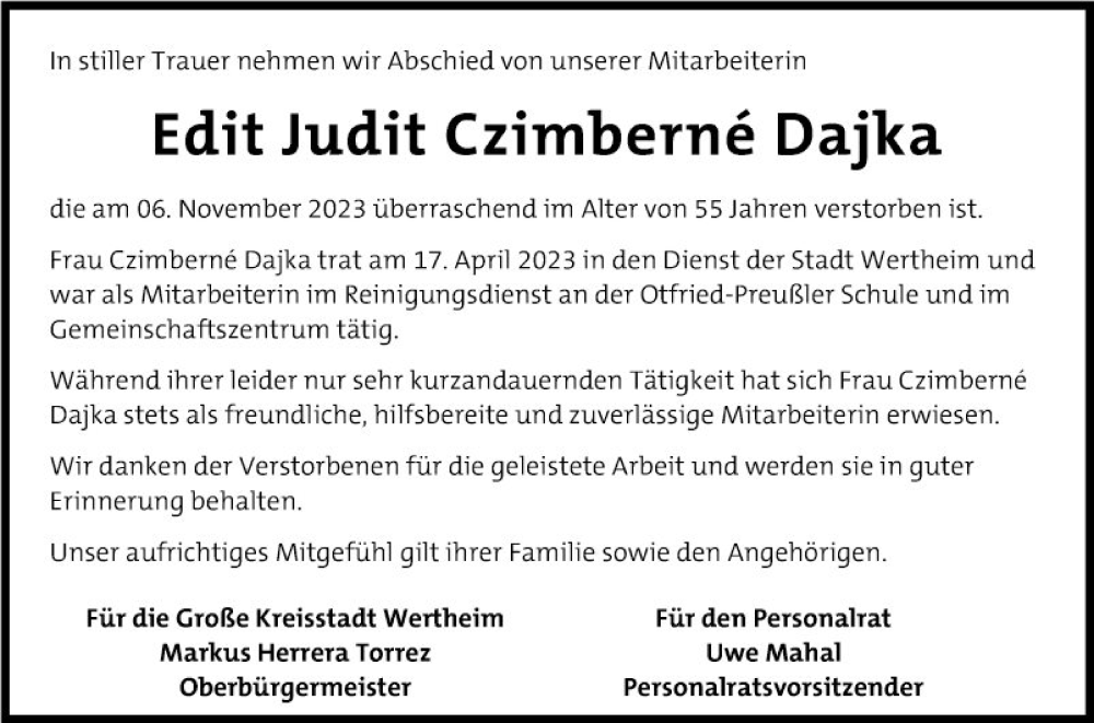  Traueranzeige für Edit Judit Czimberné Dajka vom 15.11.2023 aus Fränkische Nachrichten