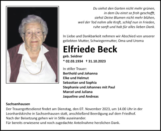 Traueranzeige von Elfriede Beck von Fränkische Nachrichten