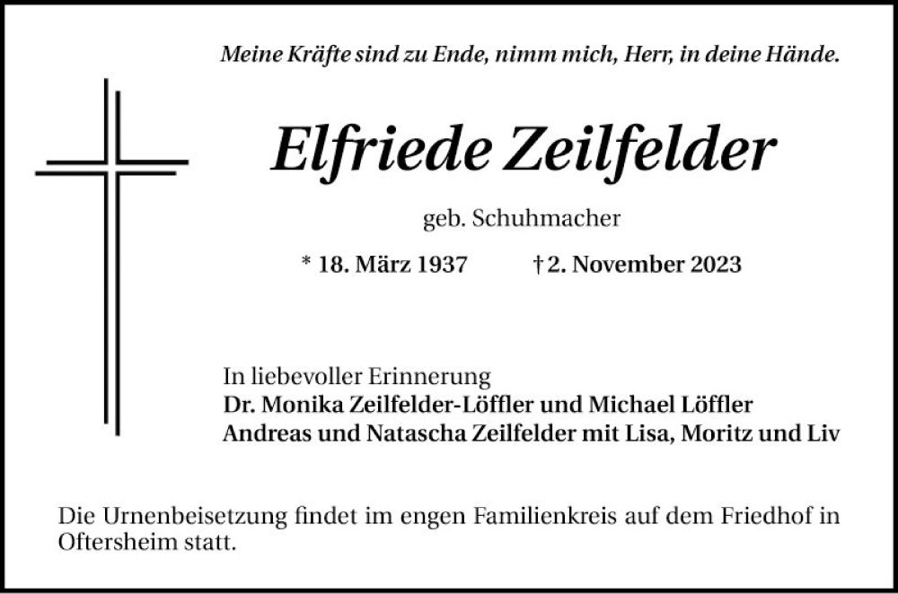  Traueranzeige für Elfriede Zeilfelder vom 08.11.2023 aus Schwetzinger Zeitung