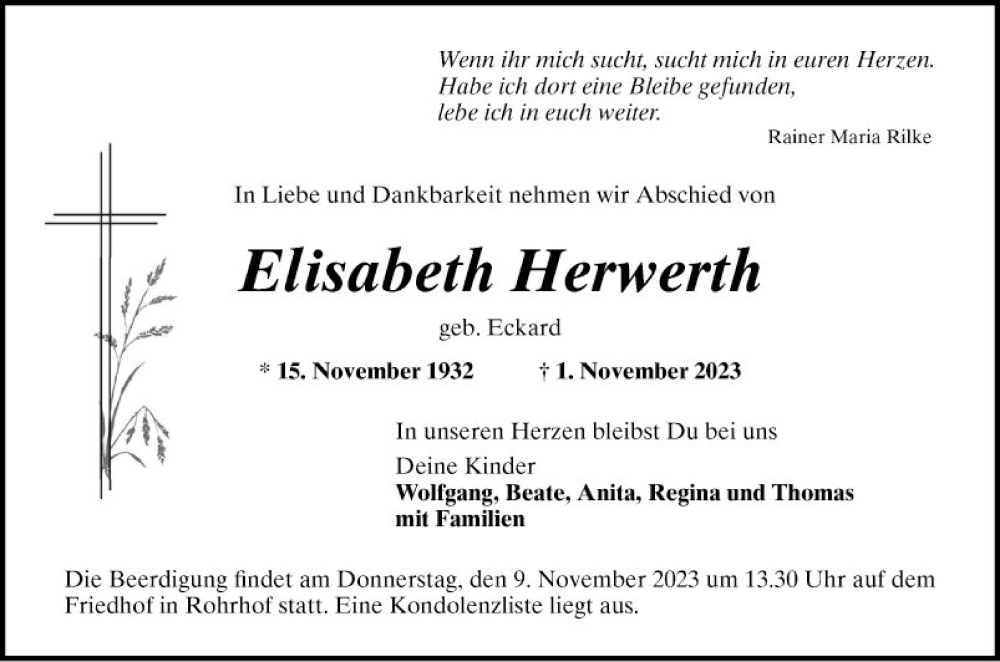  Traueranzeige für Elisabeth Herwerth vom 04.11.2023 aus Schwetzinger Zeitung