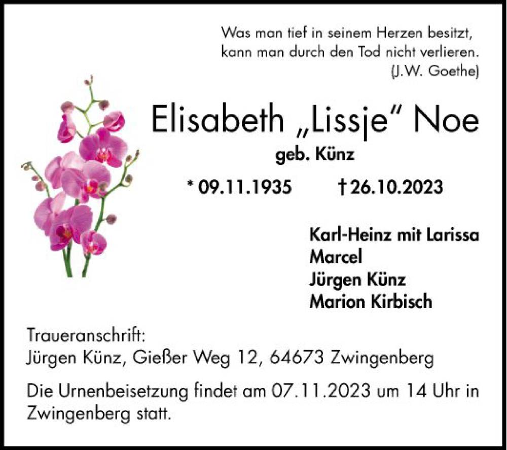  Traueranzeige für Elisabeth Noe vom 04.11.2023 aus Bergsträßer Anzeiger