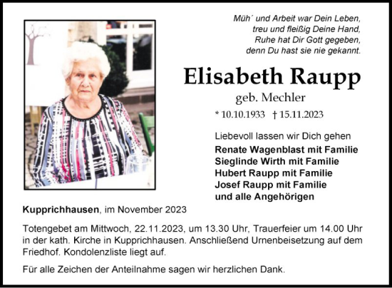 Traueranzeige von Elisabeth Raupp von Fränkische Nachrichten