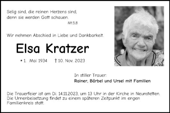 Traueranzeige von Elsa Kratzer von Fränkische Nachrichten