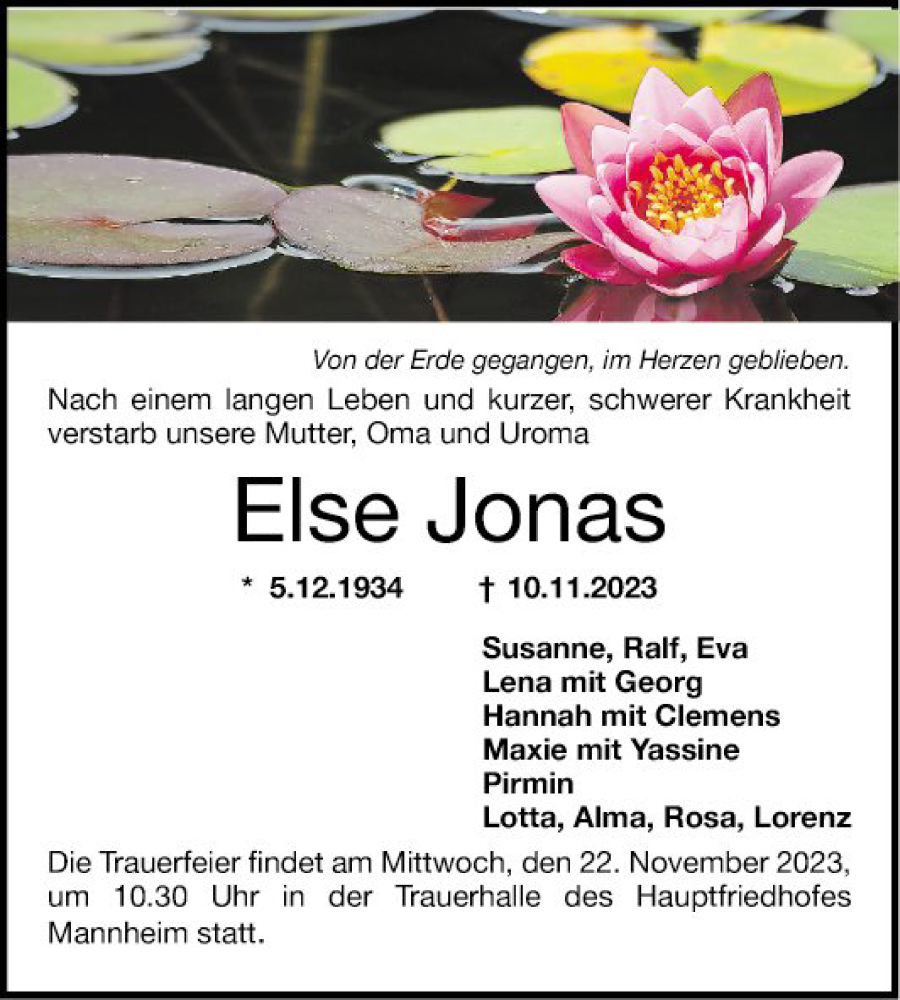  Traueranzeige für Else Jonas vom 18.11.2023 aus Mannheimer Morgen