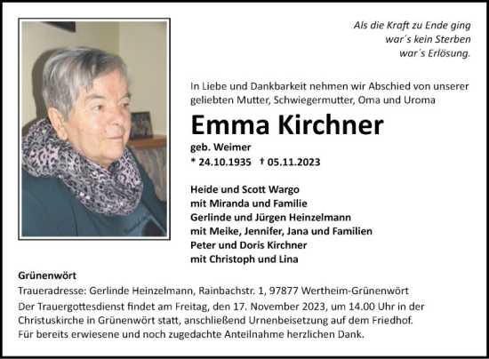 Traueranzeige von Emma Kirchner von Fränkische Nachrichten