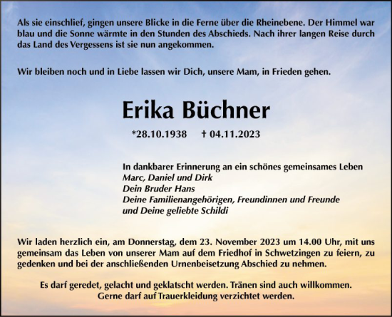 Traueranzeige von Erika Büchner von Schwetzinger Zeitung