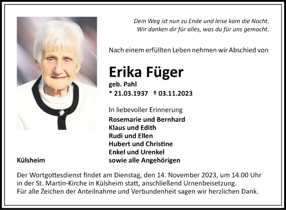  Traueranzeige für Erika Füger vom 11.11.2023 aus Fränkische Nachrichten