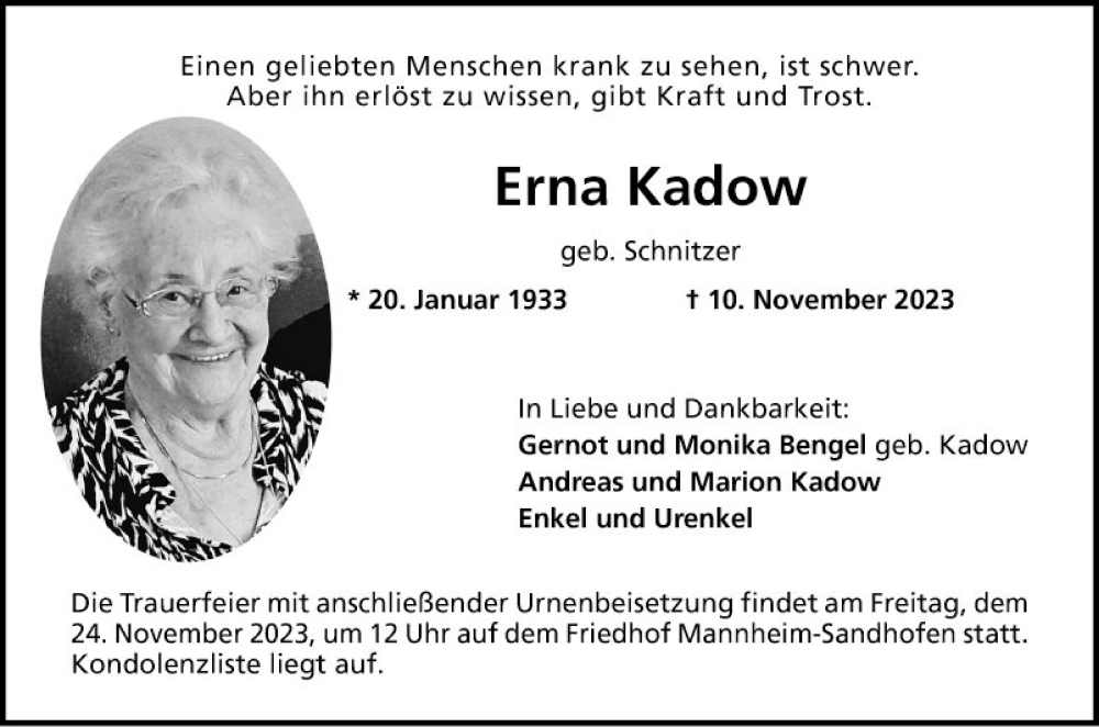  Traueranzeige für Erna Kadow vom 18.11.2023 aus Mannheimer Morgen