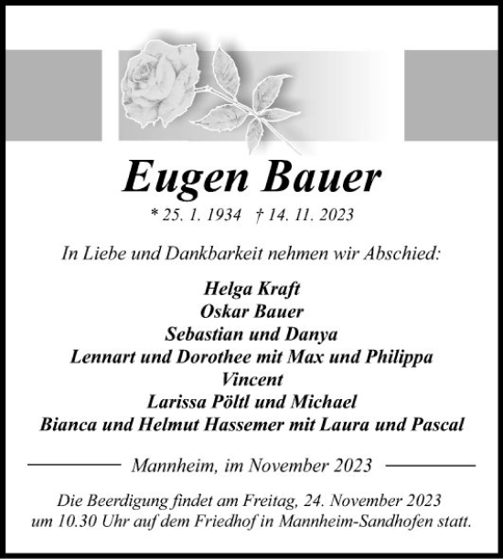 Traueranzeige von Eugen Bauer von Mannheimer Morgen