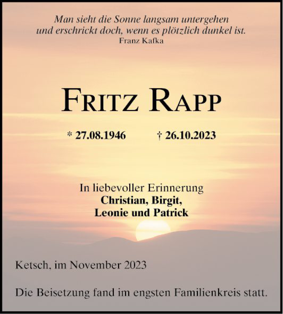  Traueranzeige für Fritz Rapp vom 11.11.2023 aus Schwetzinger Zeitung
