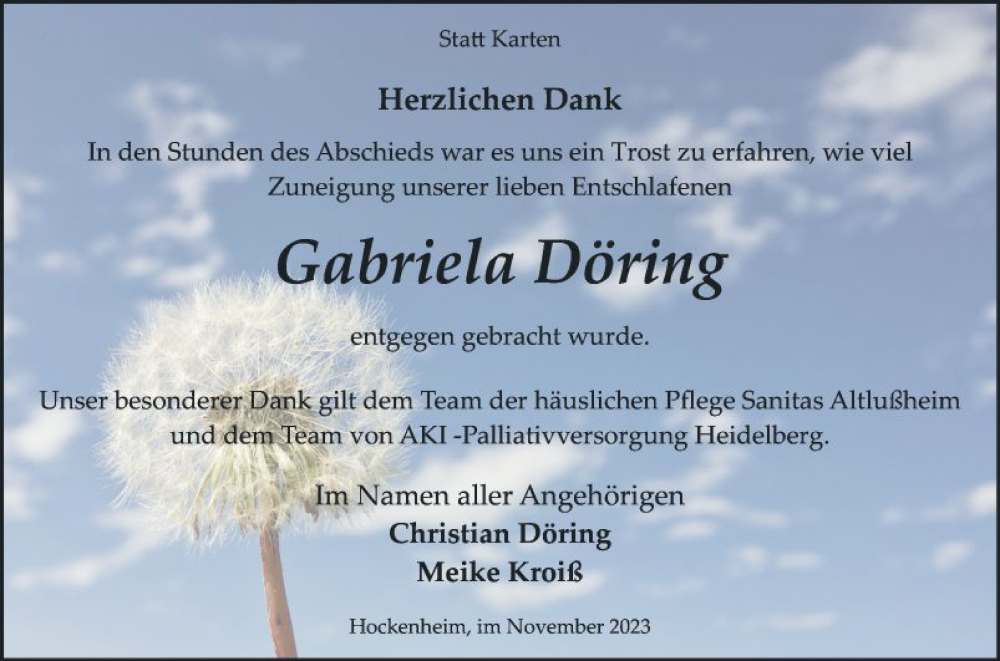  Traueranzeige für Gabriela Döring vom 04.11.2023 aus Schwetzinger Zeitung