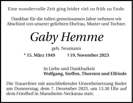 Traueranzeige von Gaby Hemme von Mannheimer Morgen