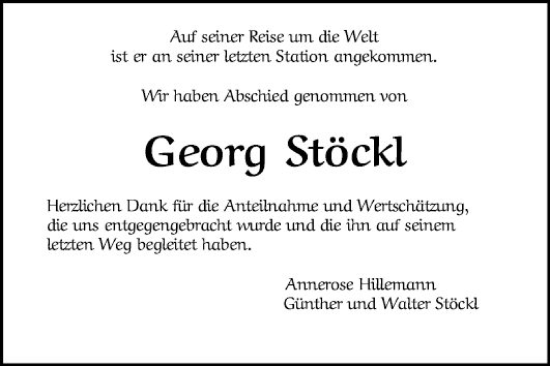 Traueranzeige von Georg Stöckl von Mannheimer Morgen