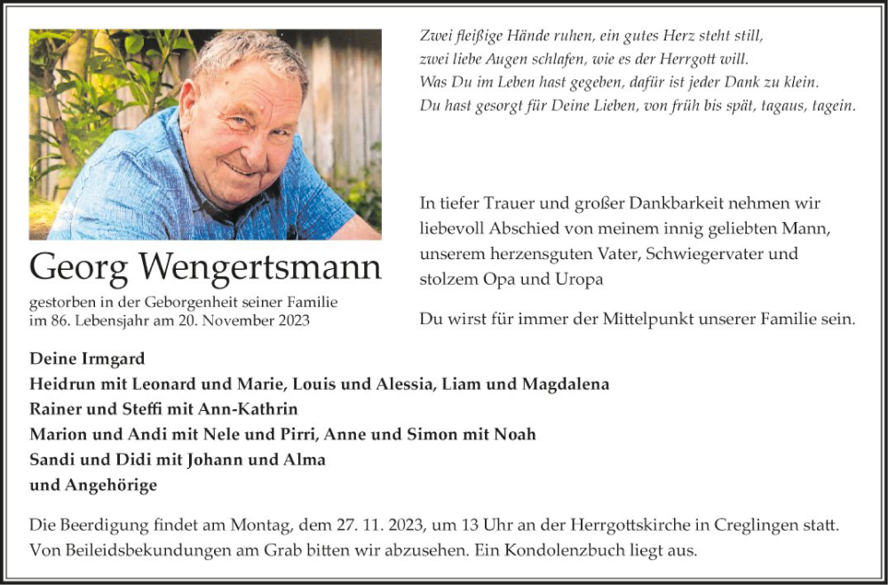  Traueranzeige für Georg Wengertsmann vom 23.11.2023 aus Fränkische Nachrichten