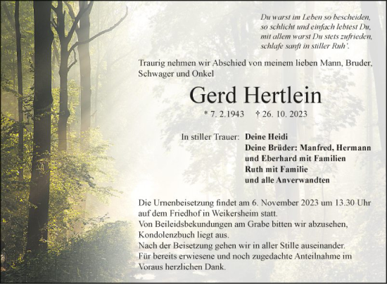Traueranzeige von Gerd Hertlein von Fränkische Nachrichten