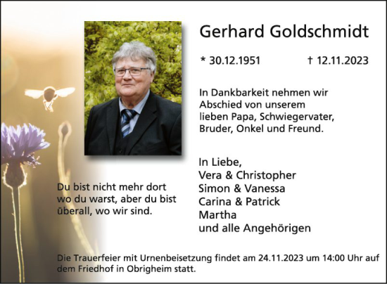 Traueranzeige von Gerhard Goldschmidt von Fränkische Nachrichten
