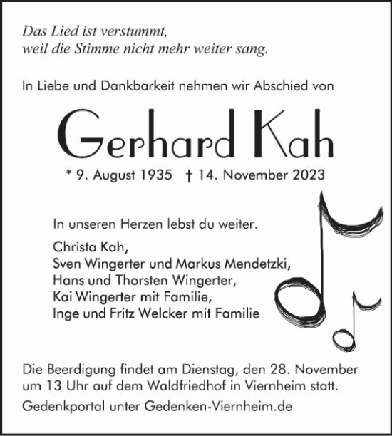 Traueranzeige von Gerhard Kah von Mannheimer Morgen