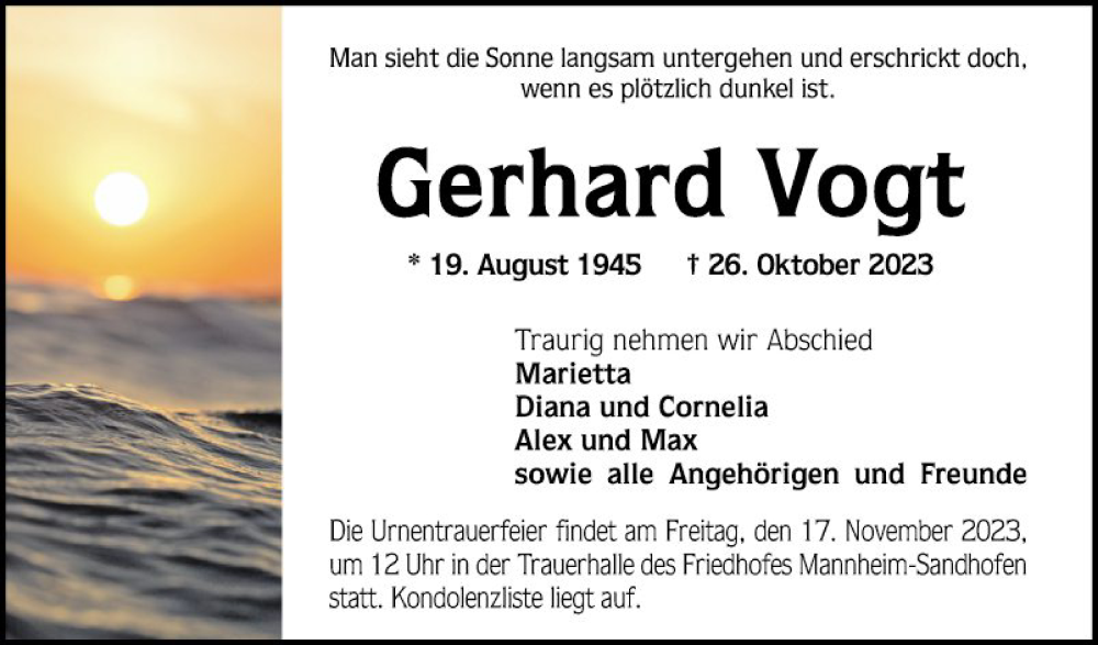  Traueranzeige für Gerhard Vogt vom 11.11.2023 aus Mannheimer Morgen