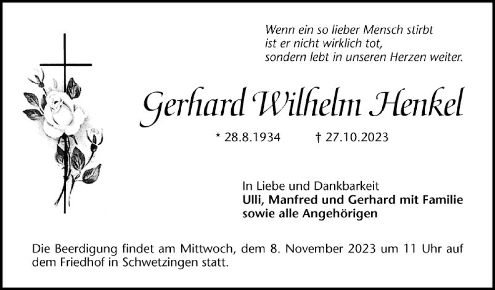  Traueranzeige für Gerhard Wilhelm Henkel vom 04.11.2023 aus Schwetzinger Zeitung