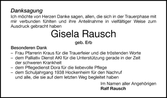 Traueranzeige von Gisela Rausch von Schwetzinger Zeitung