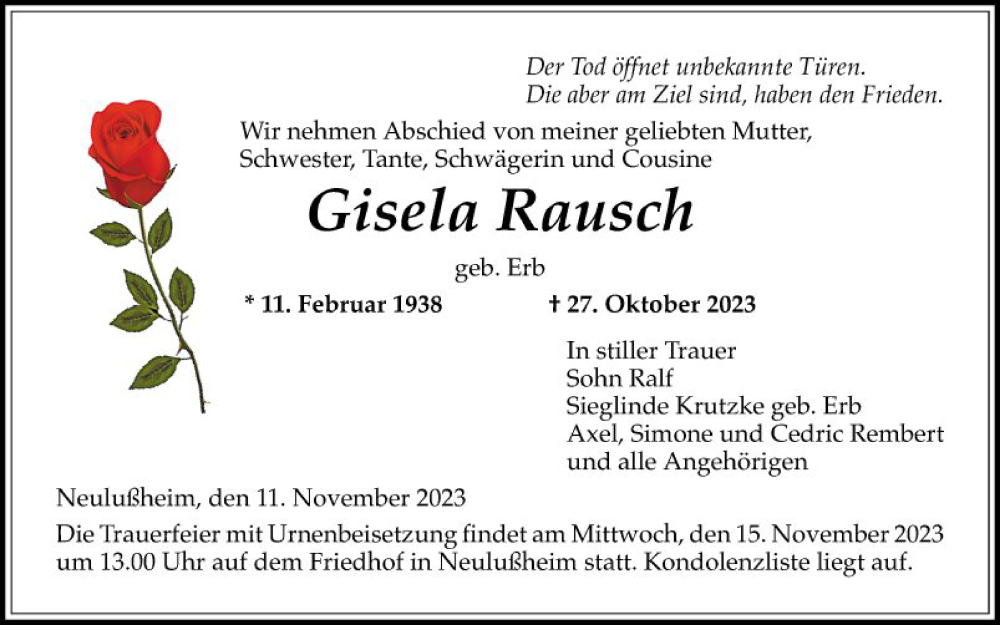  Traueranzeige für Gisela Rausch vom 11.11.2023 aus Schwetzinger Zeitung